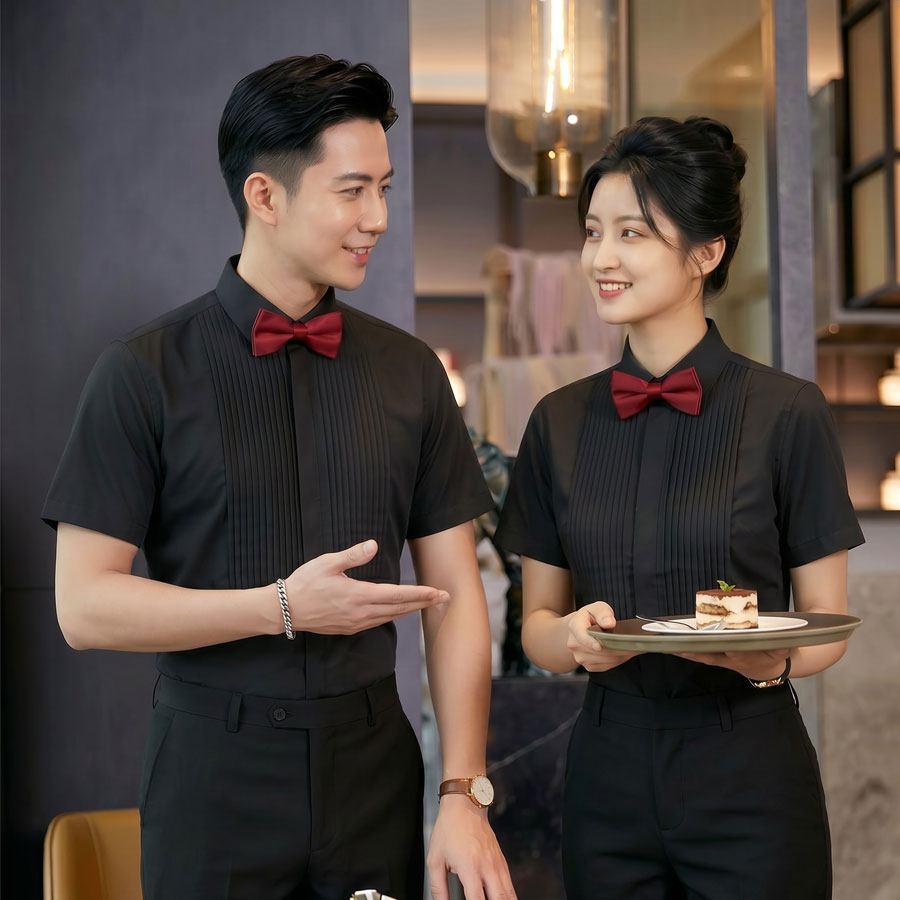 GZ143*法式褶皱纯黑色酒店餐厅KTV夏季工作服男女同款P45,男装衬衫,星座717A