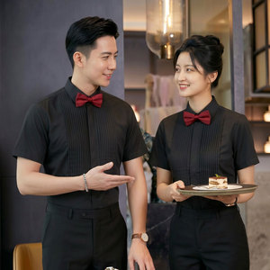 GZ143*法式褶皱纯黑色酒店餐厅KTV夏季工作服男女同款P45图片