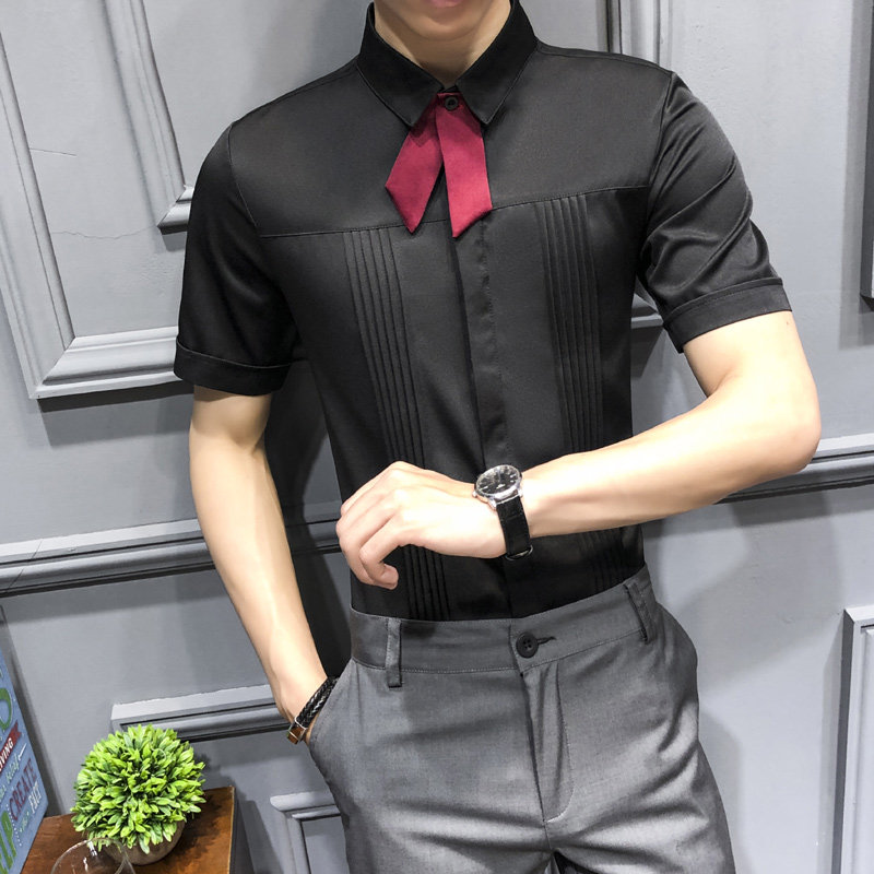 LT119-纯色领结男潮短袖衬衫少爷DJ衬衫伴郎发型师衬衣P45,男装衬衫,星座717A