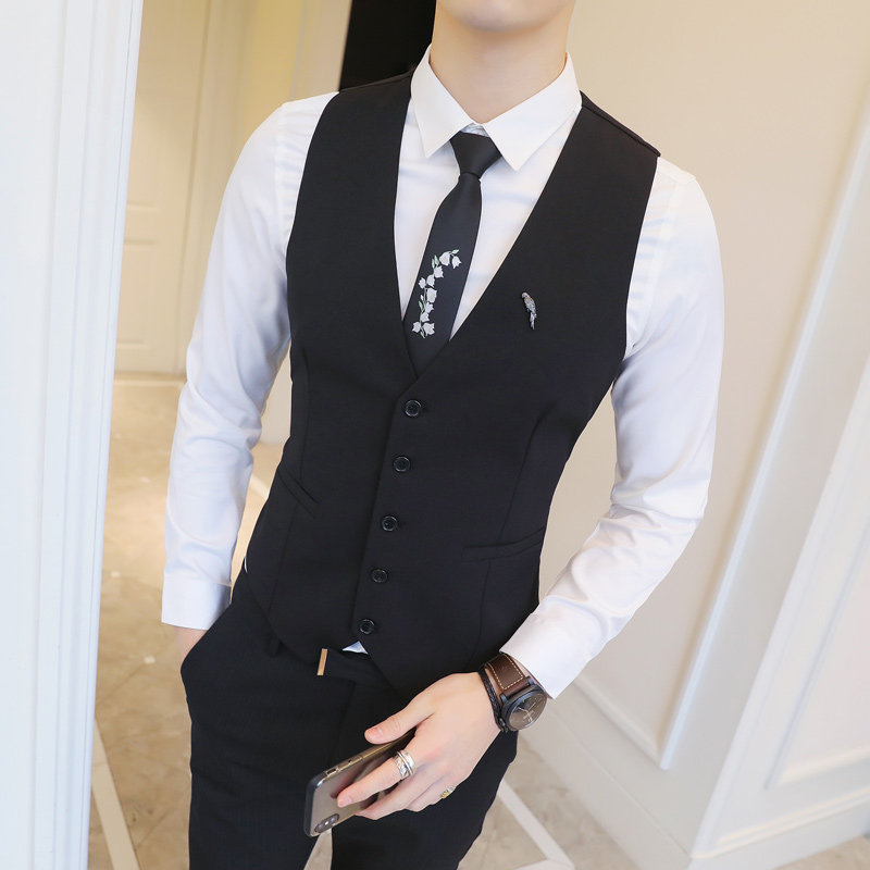 Y8755-V纯色可拆卸胸针单排扣男修身马甲外套休闲马甲男P50图片