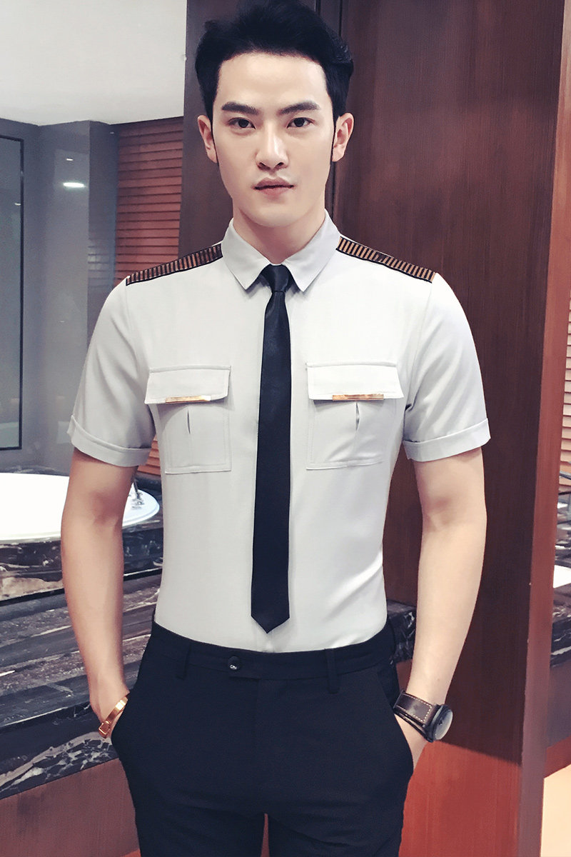 YC031-型男空少服短袖衬衫夜店KTV理发师可定制LOGO衬衣工作服P45,男装衬衫,星座717A