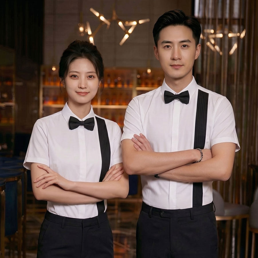 GZ147*褶皱法式男女同款夜店酒吧KTV短袖衬衫工作服送领结P45图片