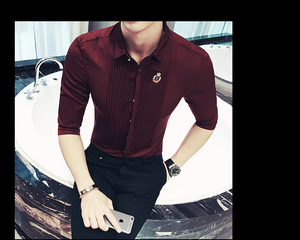 YC026-韩版修身宫廷风潮男中袖衬衫寸衣七分袖衬衣工作服大码P45图片