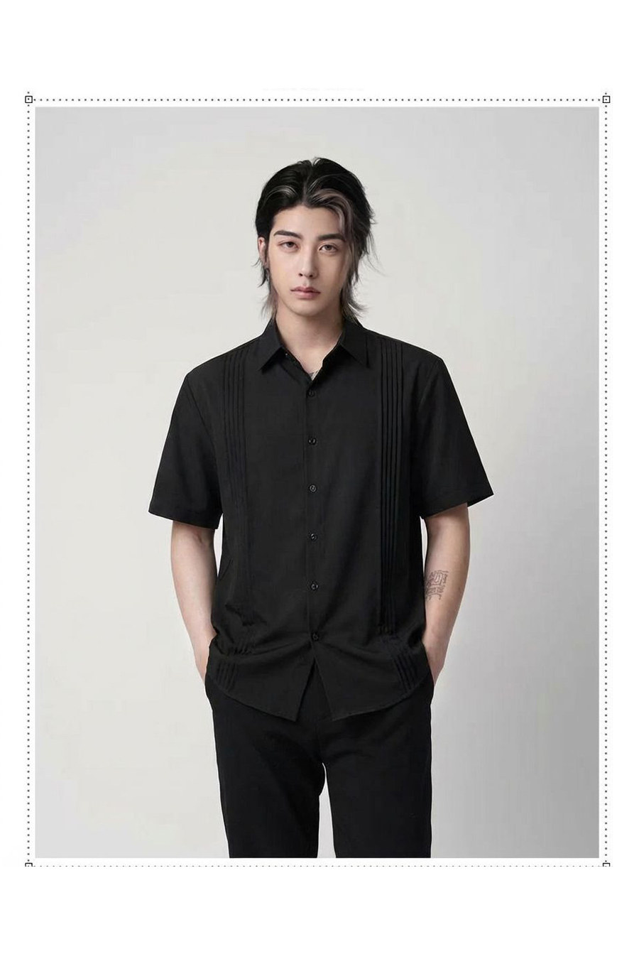 QS144*黑色褶皱风琴皱男法式潮男短袖衬衣P45,男装衬衫,星座717A