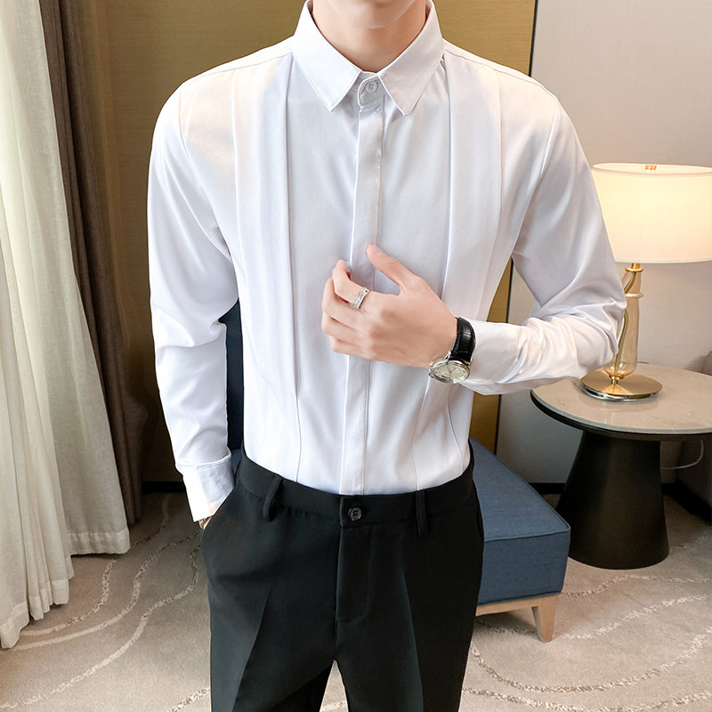 长袖透气宽松型修身金属袖扣衬衫休闲职业正装韩版男士衬衣白色,男装衬衫,星座717A