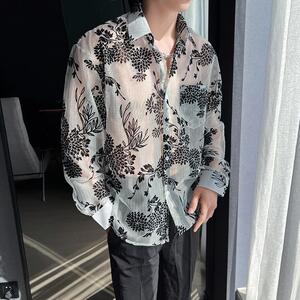 QS092*植绒镂空男潮韩版宽松长袖衬衫中性透视衬衣P65