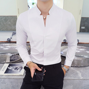 YC082-2020立领三色入长袖衬衣大码发型师青年男衬衫纯色寸衣P45图片