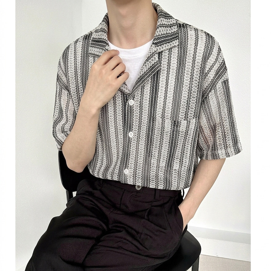 QS058*条纹短袖翻领针织衬衫P55,男装衬衫,星座717A