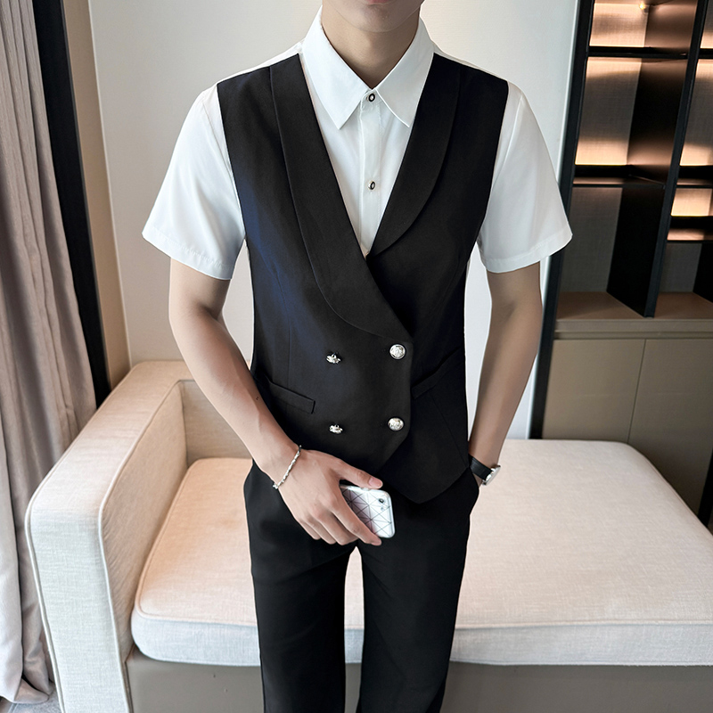 LT1001*双排扣男马甲衬衫两件套短袖衬衣KTV西餐厅服务员工装P55，男装衬衫，星座717A