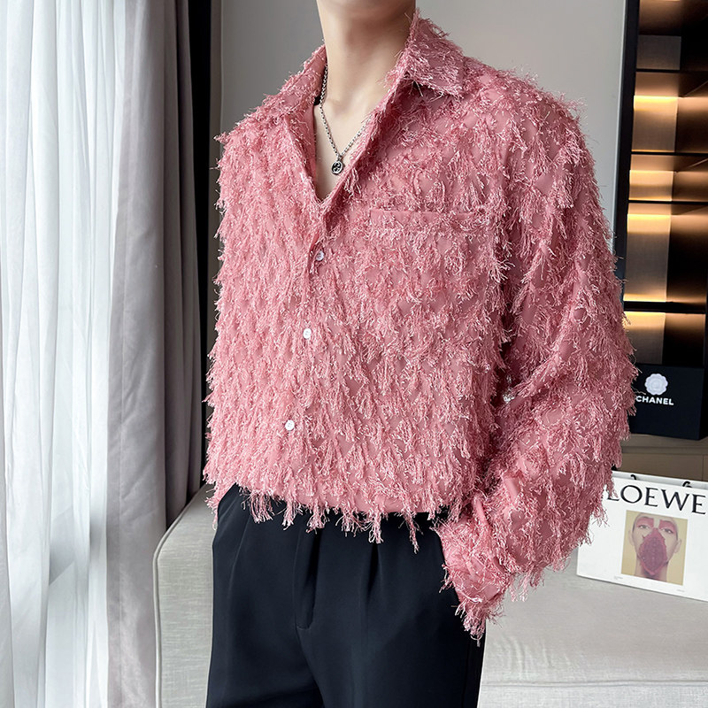 QS047*2026春款小众纯色毛毛INS另类长袖衬衫衬衣中性衬衫P50,男装衬衫,星座717A