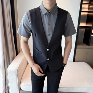 LT1001*男马甲两件套潮假两件衬衫餐厅吧台营业员司仪工作服P55图片