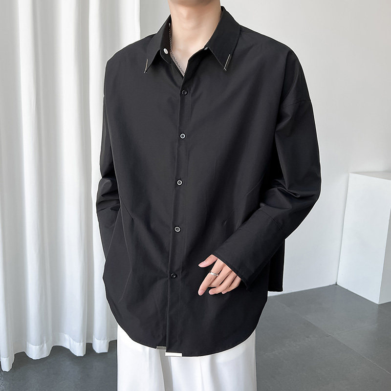QS024*2024新款可拆卸双层领小众开叉长袖衬衫男纯色宽松衬衣P65,男装衬衫,星座717A