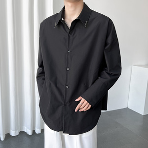 QS024*2024新款可拆卸双层领小众开叉长袖衬衫男纯色宽松衬衣P65图片