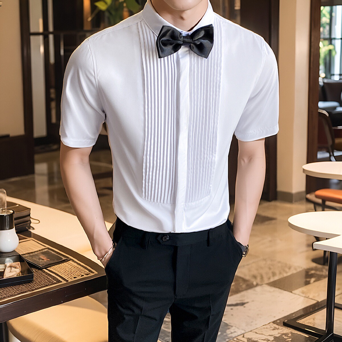 LT143*夏季男士法式短袖衬衫餐厅工作服男女款纯色衬衣P40，男装衬衫，星座717A