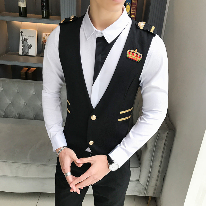 LP780-纯色小皇冠刺绣男士休闲马甲夜店酒吧发型师马甲工作服P45图片