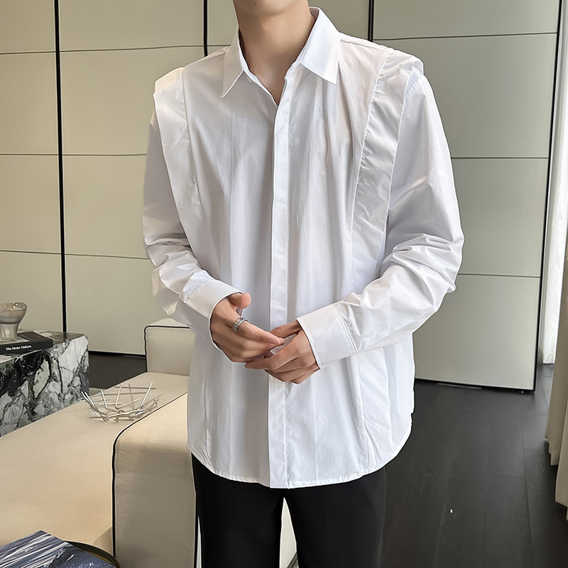 QS027*纯黑色个性另类设计长袖衬衫宽松轻奢男衬衣P55,男装衬衫,星座717A