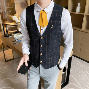 8752*休闲格子马甲定制印字LOGO服务员工作服P50图片