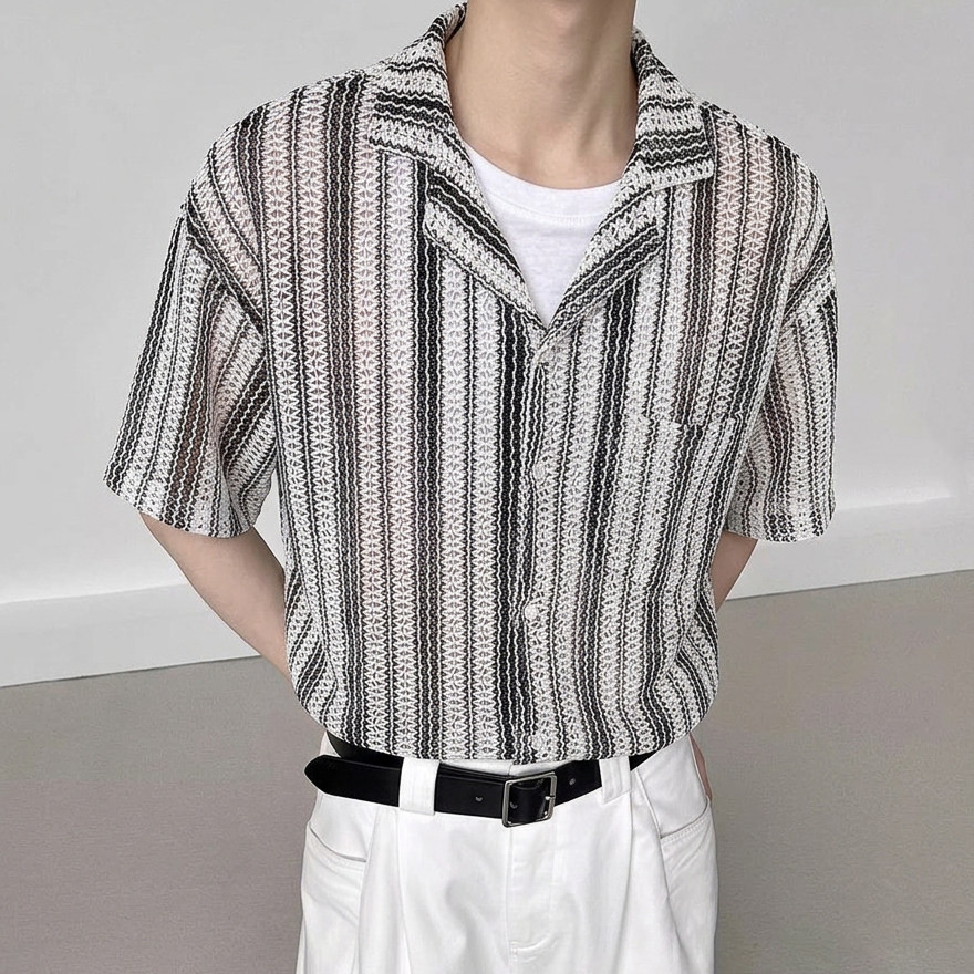 QS058*条纹短袖翻领针织衬衫P55,男装衬衫,星座717A