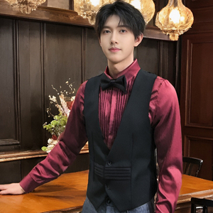 QS793*男单排扣褶皱拉条V领休闲马甲P50图片