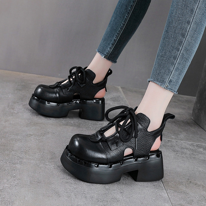 头层牛皮厚底粗跟低帮凉鞋女2026夏季新款真皮增高透气镂空罗马鞋