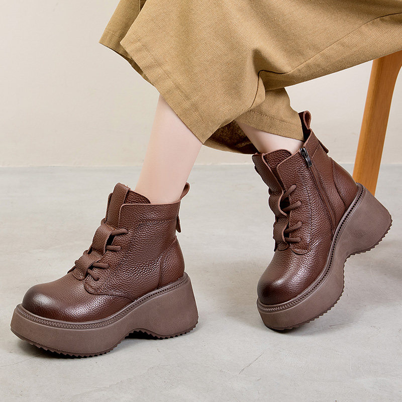 真皮松糕厚底马丁靴女头层牛皮显瘦短靴秋冬防水台单靴加绒棉靴潮