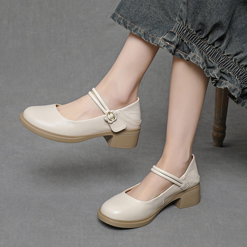 真皮玛丽珍女鞋高跟圆头浅口单鞋2026新款软底配裙子小皮鞋米白色