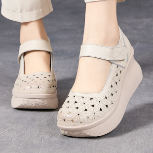 头层牛皮复古镂空单鞋女坡高跟厚底松糕鞋增高洞洞皮鞋雕花半凉鞋