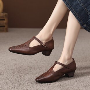 复古真皮编织尖头单鞋2026新款粗跟T字玛丽珍鞋软底优雅女士皮鞋