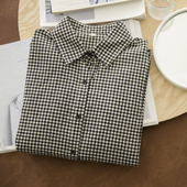 黑白格子打底衬衫 女长袖 文艺小清新复古小格子全棉衬衫 等烟雨