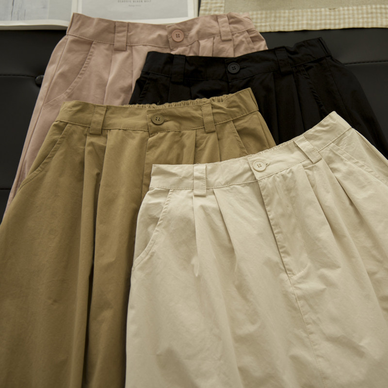 雨花石 日系工装卡其色半身裙女夏季中长款松紧腰高腰口袋A字裙