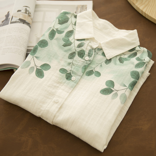 天青色 气质新中式复古风上衣衬衫山水画印花全棉双层棉纱白衬衫