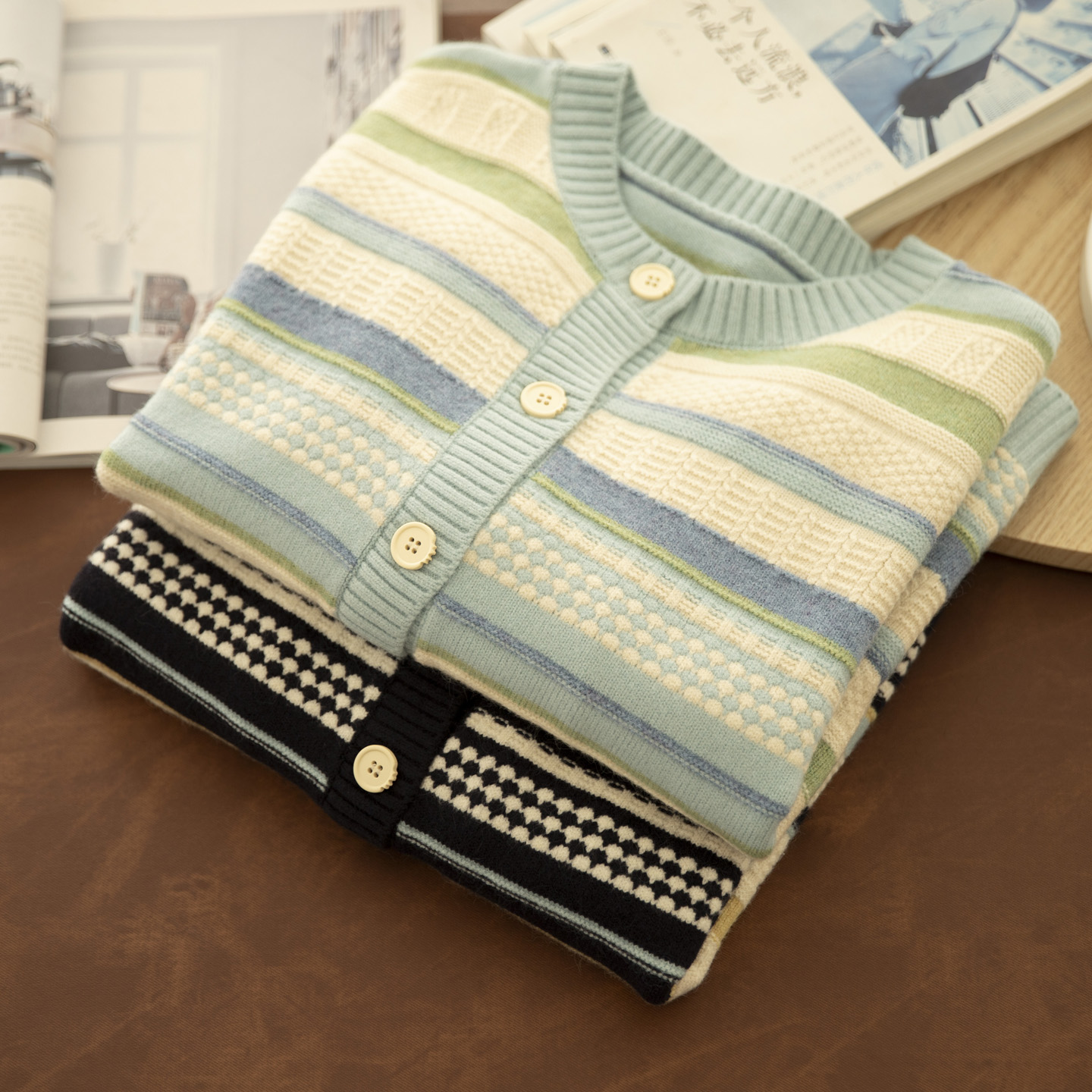 圆领条纹针织衫开衫外套