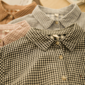 衬衫 圆舞曲 春通勤文艺复古格子双层棉纱长袖 女宽松百搭休闲衬衣
