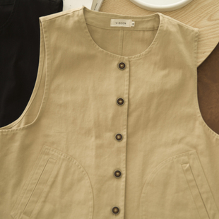 秋拾记 马甲百搭叠穿外搭宽松圆领马甲背心女 日系软妹风复古工装