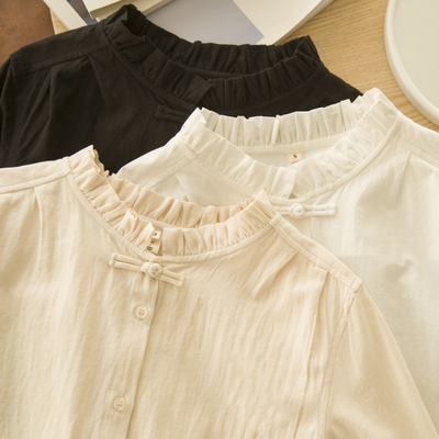 花边立领白色衬衫女气质纯棉