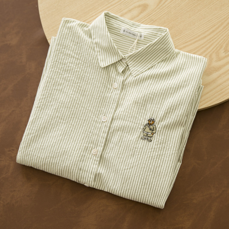 春晓长袖 日系少女可爱条纹小熊刺绣学院风宽松设计感小众T恤衬衣,女装/女士精品,衬衫,淘宝优惠券,粉丝福利购,淘宝优惠卷