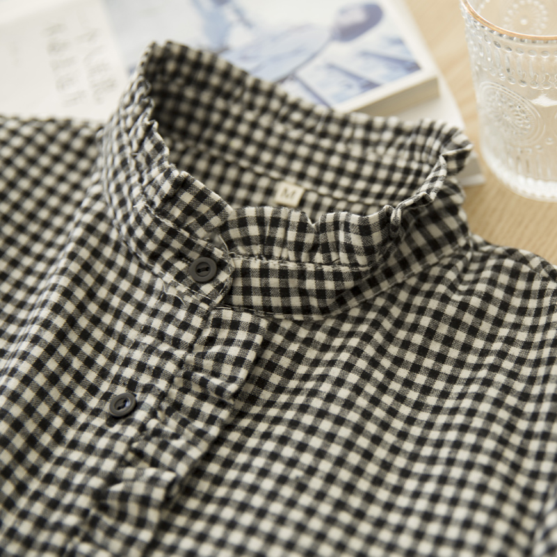 有点甜 秋季新款文艺清新木耳领花边立领黑白格子打底衬衫女