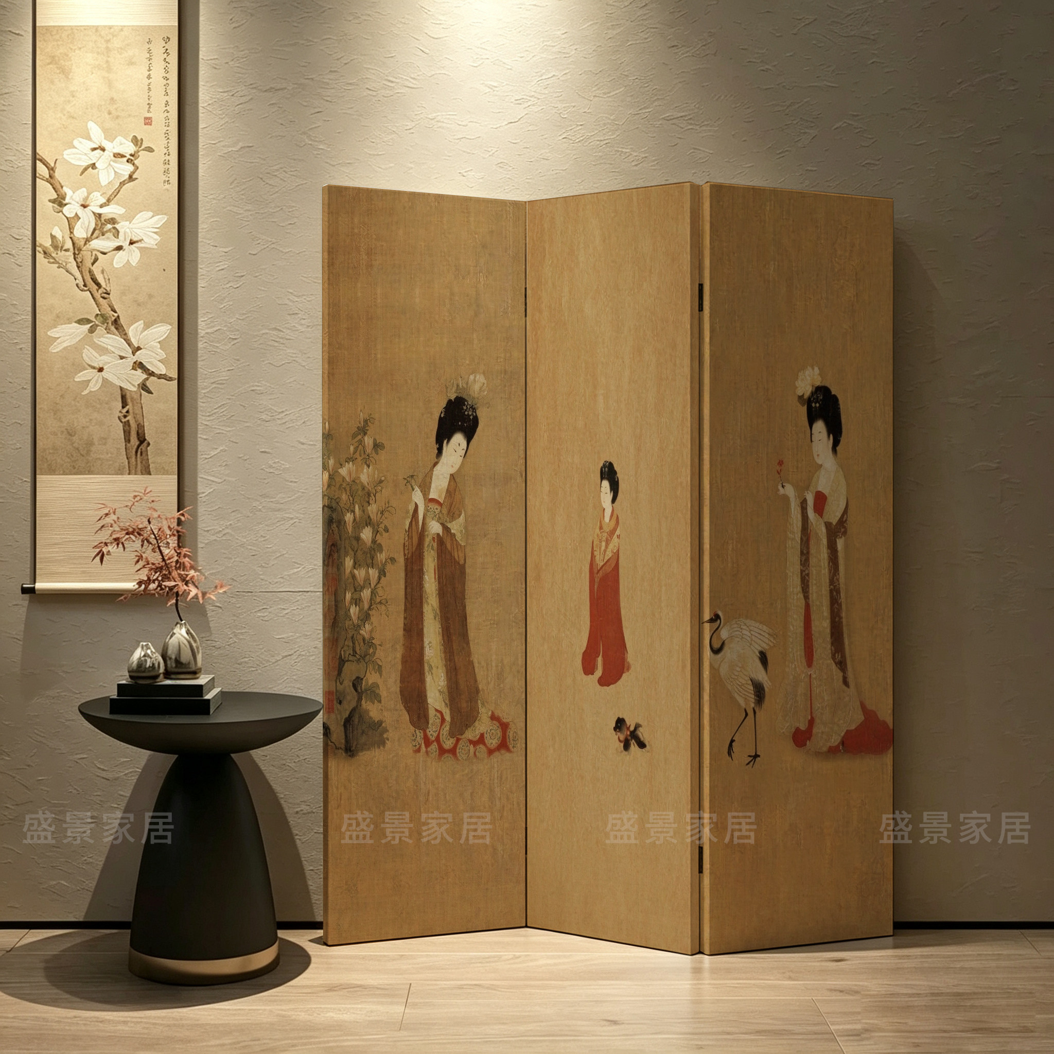 宋代美学仕女图屏风隔断卧室遮挡家用折叠移动客厅装饰背景墙折屏