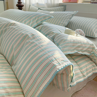 肥子妈2026春夏新款色织全棉纯棉加密水洗棉条纹三角针四件套