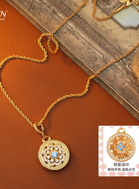 CVON海蓝之心罗盘毛衣链花朵项链女复古经典锆石项链可拆卸吊坠女
