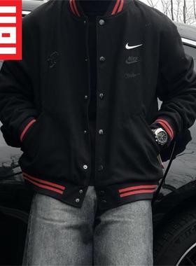 NIKE耐克男女款秋冬百搭休闲立领刺绣羊毛棒球夹克外套FZ6372-010
