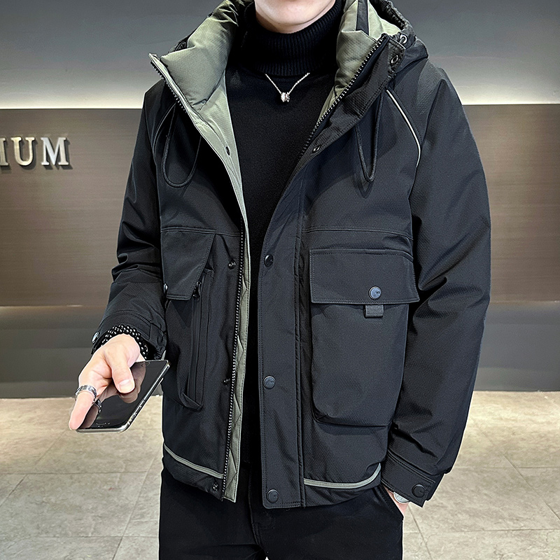 工装风连帽羽绒服男短款黑色