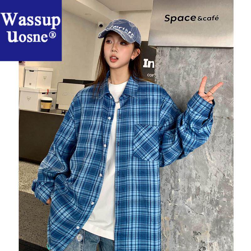 Wassup Uosne春秋小众韩版港风复古休闲百搭学生港味长袖格子衬宽