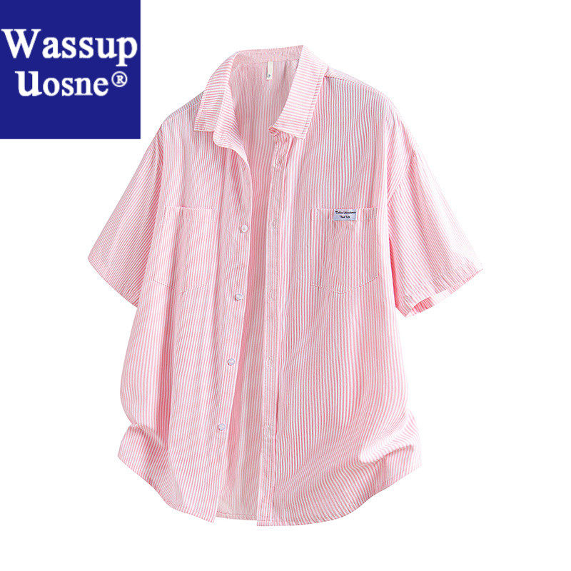 Wassup Uosne新款2026男女衬衫潮流韩版通勤五分袖情侣款条纹宽时