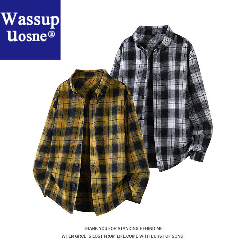 Wassup Uosne外套衬衣长袖休闲格200300亚麻长6080岁男盐系男友风