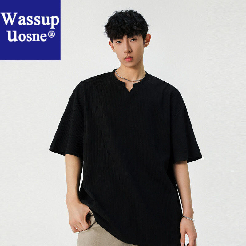 Wassup Uosne夏季新款韩版V领七分袖t恤男冰丝垂感短袖男款禁欲大