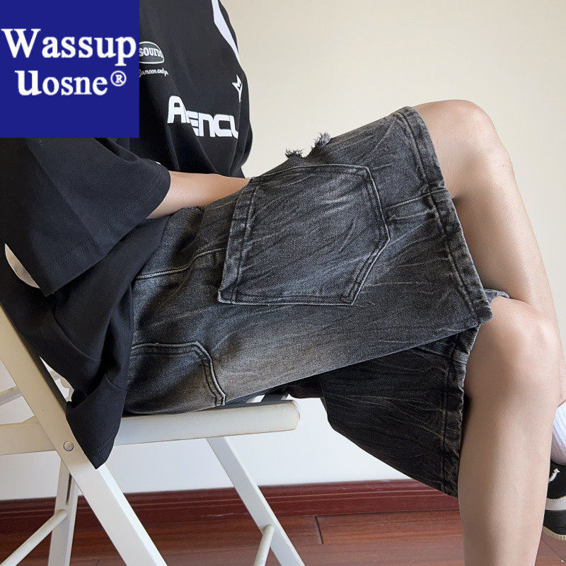Wassup Uosne高街短裤美式水洗破洞水洗牛仔磨毛冰感舒适大码直筒