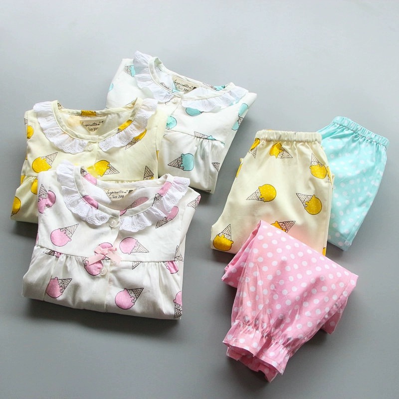 儿童冰淇淋睡衣春秋女宝宝长袖家居服套装儿童长裤两件套薄款