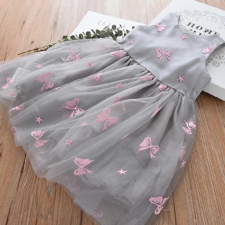 女童气质公主纱裙春夏季新款儿童刺绣蝴蝶连衣裙灰色背心裙礼服裙