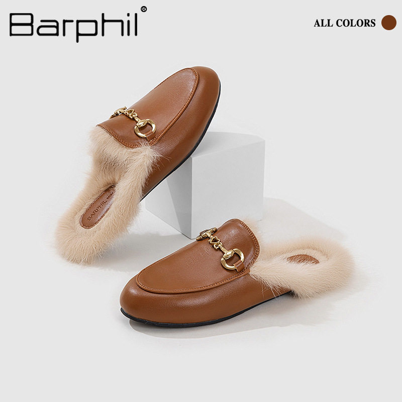Barphil毛毛拖鞋马衔扣平底